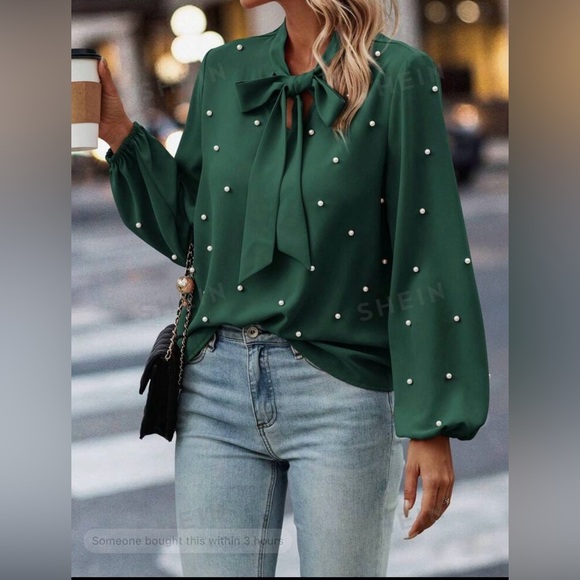 Very Elegant Pearls Beaded Tie Neck Lantern Sleeve Blouse. Size L (8/10) - Picture 2 of 5